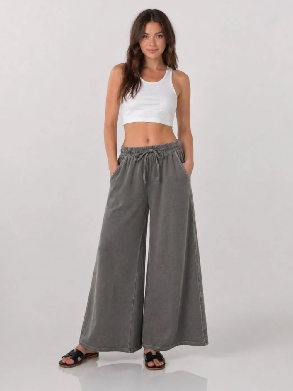 Zenana 100% Cotton Black Washed French Terry Wide Leg Pants Large - Picture 1 of 2